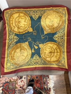 Gianfranco Ferre Gold Medallion Scarf in Teal & Burgundy